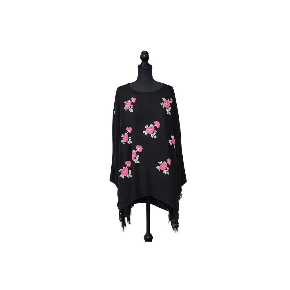 Entro Rose Embroidered Fringe‎ Sweater Poncho Top Boho Western